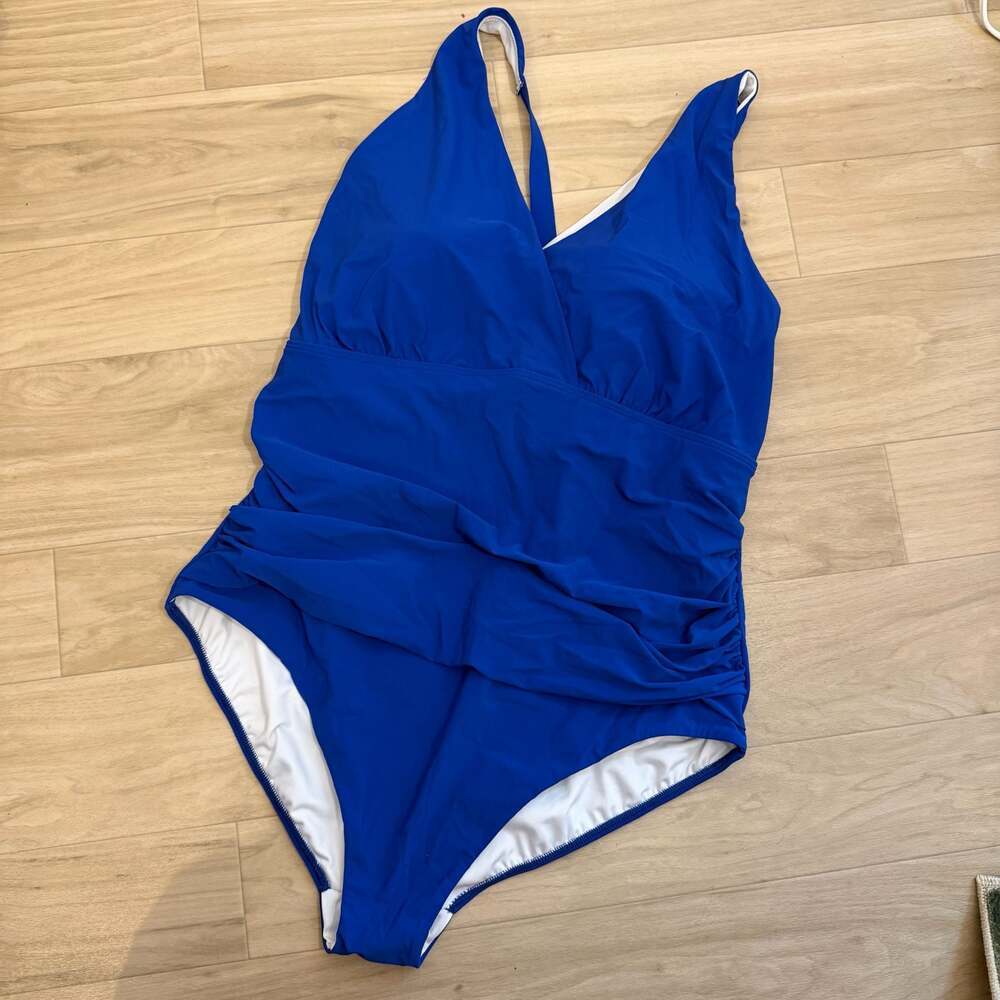 Lands' End Women's Blue V-Neck Ruched Tummy Control One-Piece Swimsuit Size 22W